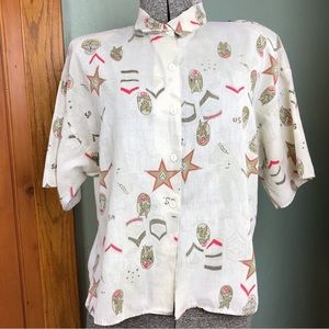 Vintage 80s Military Army Print Woman’s Short Sleeve Button Up Front Blouse Sz L
